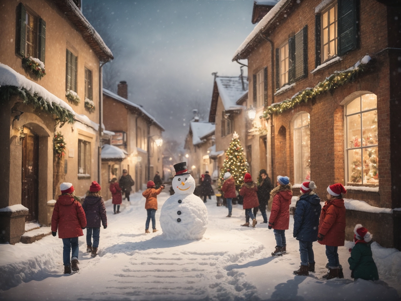 PhotoReal Christmas A Snowy Village Square With Children Build 2 