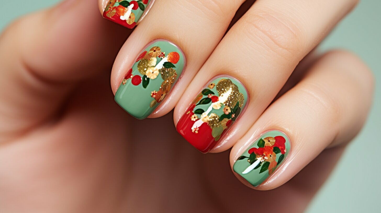 festive foliage and glitter confetti nail design