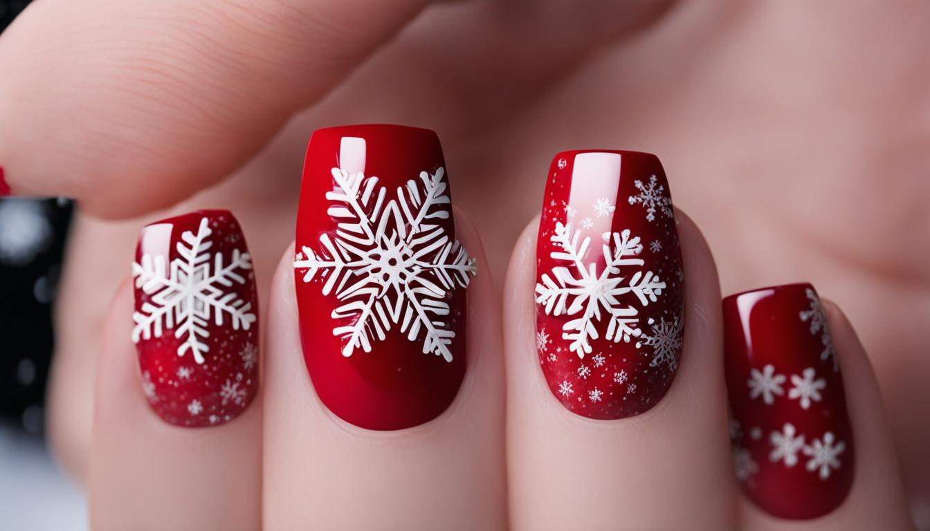 Cheerful Cherry Red Snowflakes Nail Design