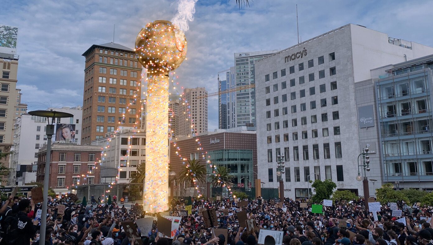 San Francisco Residents Gather Downtown For Annual Lighting Of Giant Crack Pipe