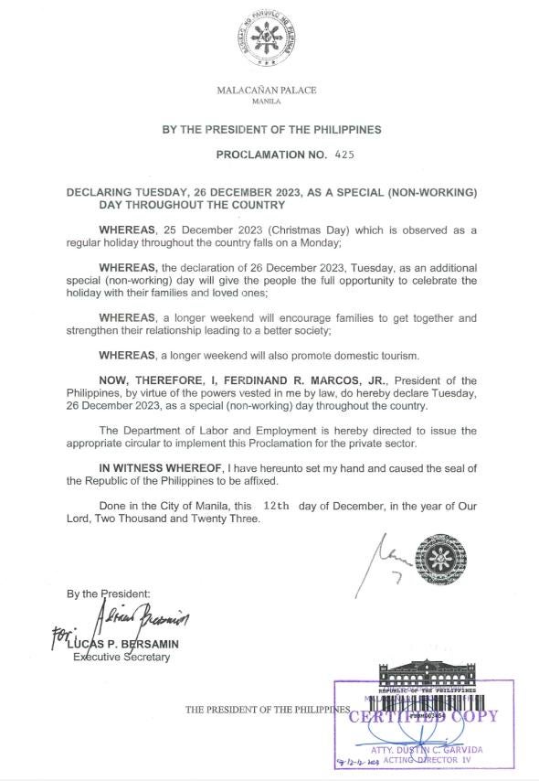 Malacañang declares Dec. 26 as special non-working day